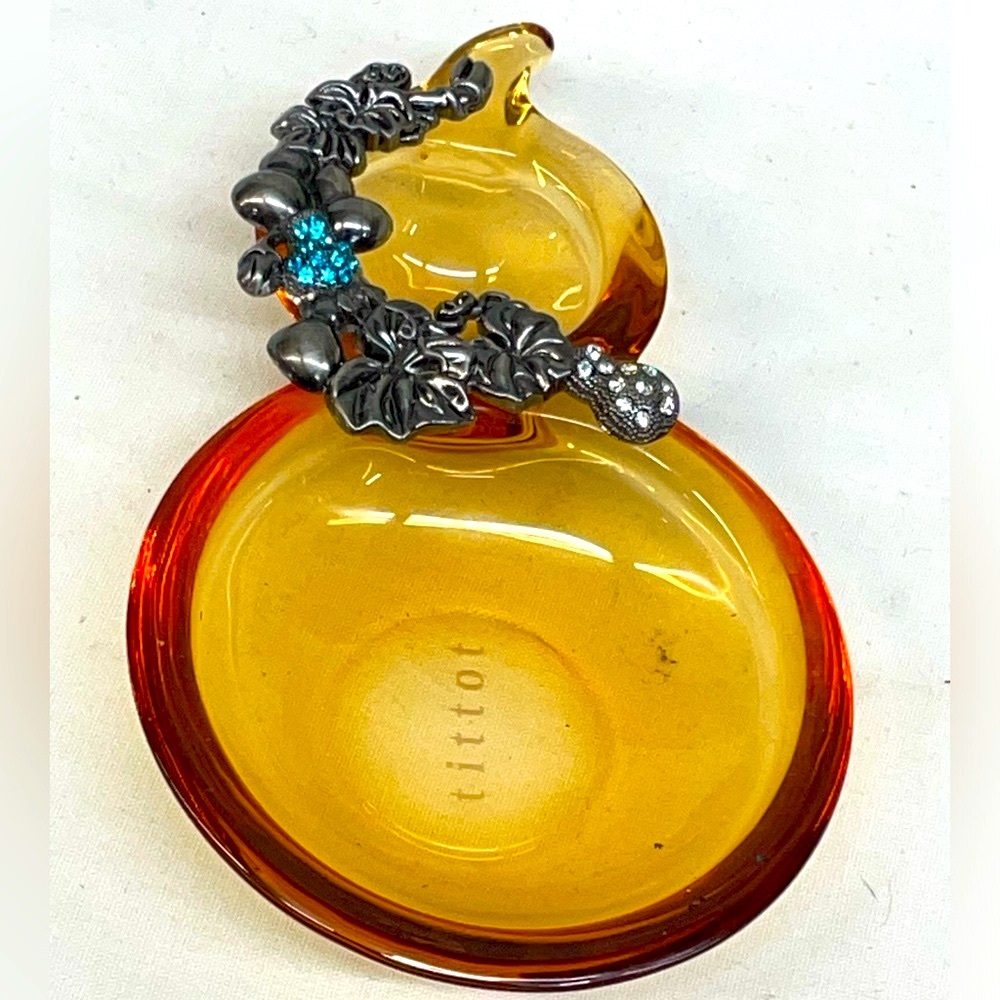 Tittot Amber Glass Dish with Silver Floral Accent